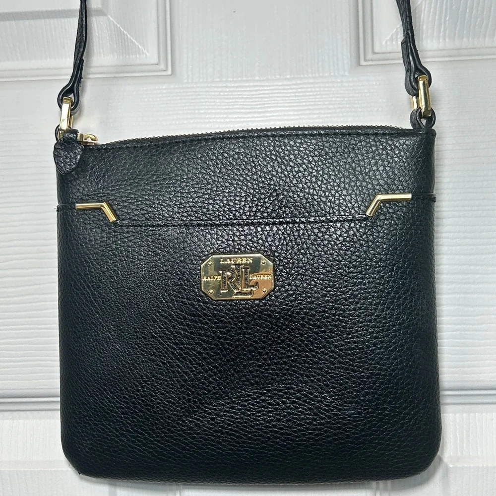 Lauren Ralph Lauren Black Faux Leather Crossbody Bag Small Gold Hardware
